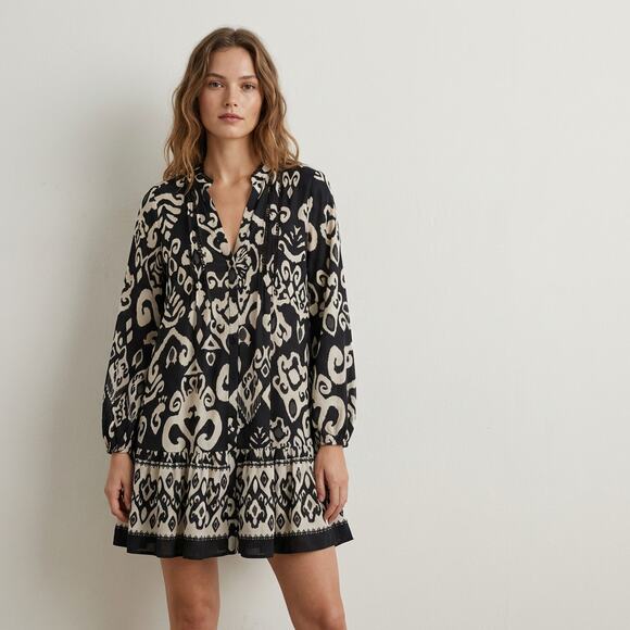 Zara Dresses & Skirts - Zara Dress Womens S Black/White Printed Long Sleeve V-neck Relaxed Shirt Mini